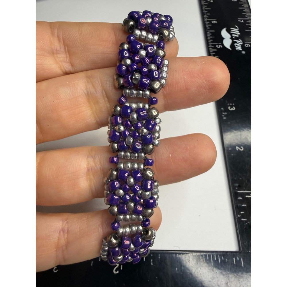Handmade Beaded Slide Bracelet Purple Silver Seed Bead Woven Jewelry 7 Inch